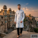 Siyarams festive collection printed pattern with hemp blended Green (Sage) color unstitched men's Kurta / sherwani / top fabric of 2 meters / VV2313