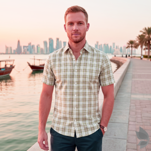 J.Hampstead Moretti Premium Egyptian Collection with 100% Giza Cotton Beige Checkered Pattern Unstitched Shirt Fabric of 1.6 mts - Made In Italy / VV2765