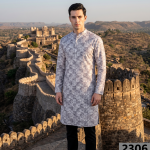 Siyarams festive collection printed pattern with hemp blended Grey (Umber) color unstitched men's Kurta / sherwani / top fabric of 2 meters / VV2306