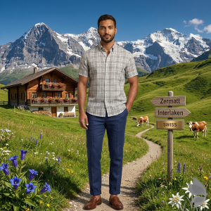 J.Hampstead Moretti Premium Collection with 100% Giza Cotton Grey (Tan) colour Checkered Pattern Unstitched Shirt Fabric of 1.6 mts - Made In Italy / VV2540