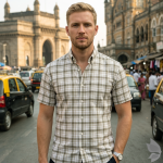 J.Hampstead Moretti Premium Egyptian Collection with 100% Giza Cotton Beige (Tan) Checkered Pattern Unstitched Shirt Fabric of 1.6 mts - Made In Italy / VV2769